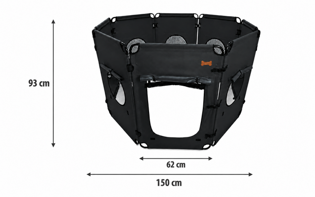 Black octagonal foldable playpen with mesh windows, front zipper door open, small orange logo; displayed dimensions: 93 cm, 62 cm, 150 cm
