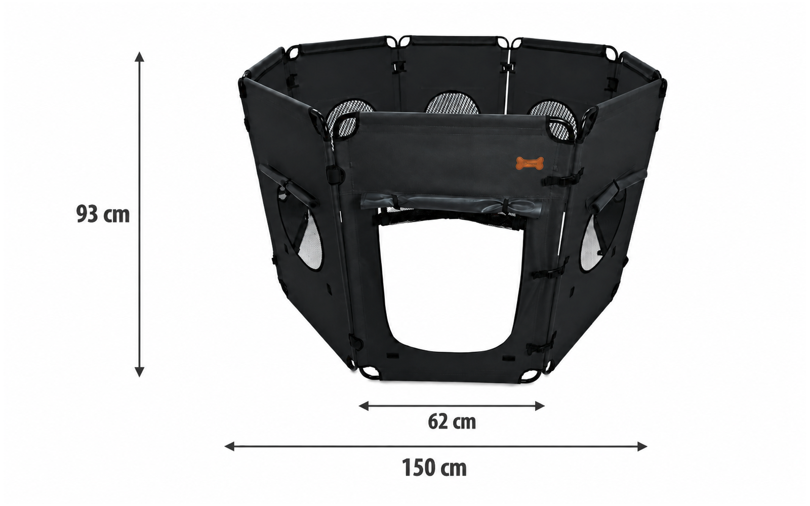 Black octagonal foldable playpen with mesh windows, front zipper door open, small orange logo; displayed dimensions: 93 cm, 62 cm, 150 cm