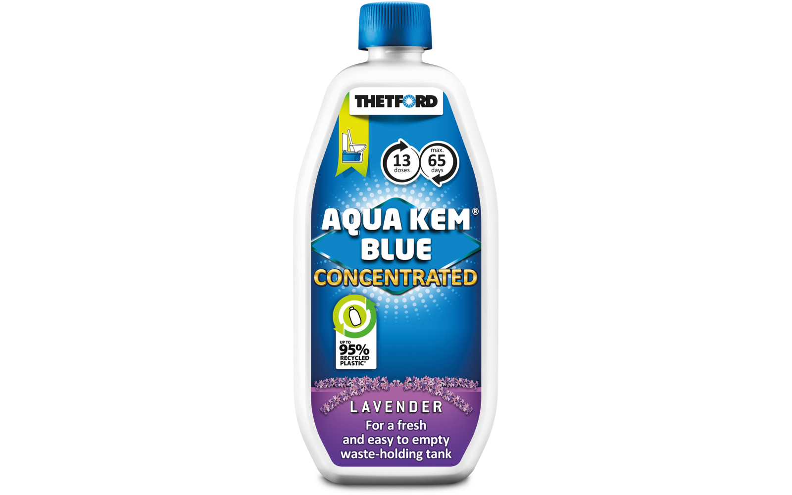 Weiße Kunststoffflasche mit blauem Verschluss. Vorderetikett: 'THETFORD', 'AQUA KEM BLUE CONCENTRATED', runde Symbole '13 doses' und '65 days', '95% less plastic'-Symbol, Duftangabe 'LAVENDER' und Text 'For a fresh and easy to empty waste‑holding tan