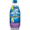Weiße Kunststoffflasche mit blauem Verschluss. Vorderetikett: 'THETFORD', 'AQUA KEM BLUE CONCENTRATED', runde Symbole '13 doses' und '65 days', '95% less plastic'-Symbol, Duftangabe 'LAVENDER' und Text 'For a fresh and easy to empty waste‑holding tan