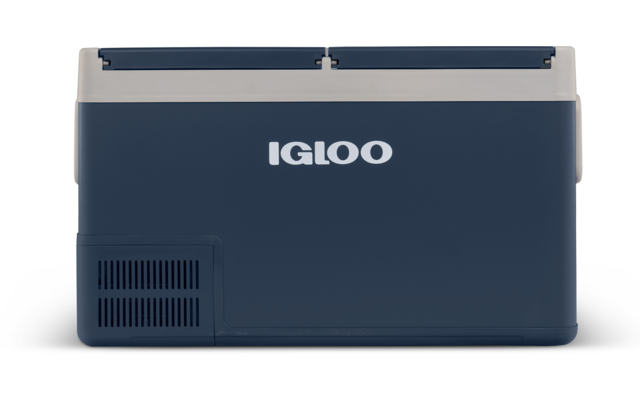 Dunkelblaue Kunststoff-Kühlbox mit weißem Deckel und Griff, 'IGLOO'-Logo auf der Vorderseite und Lüftungsgitter links unten