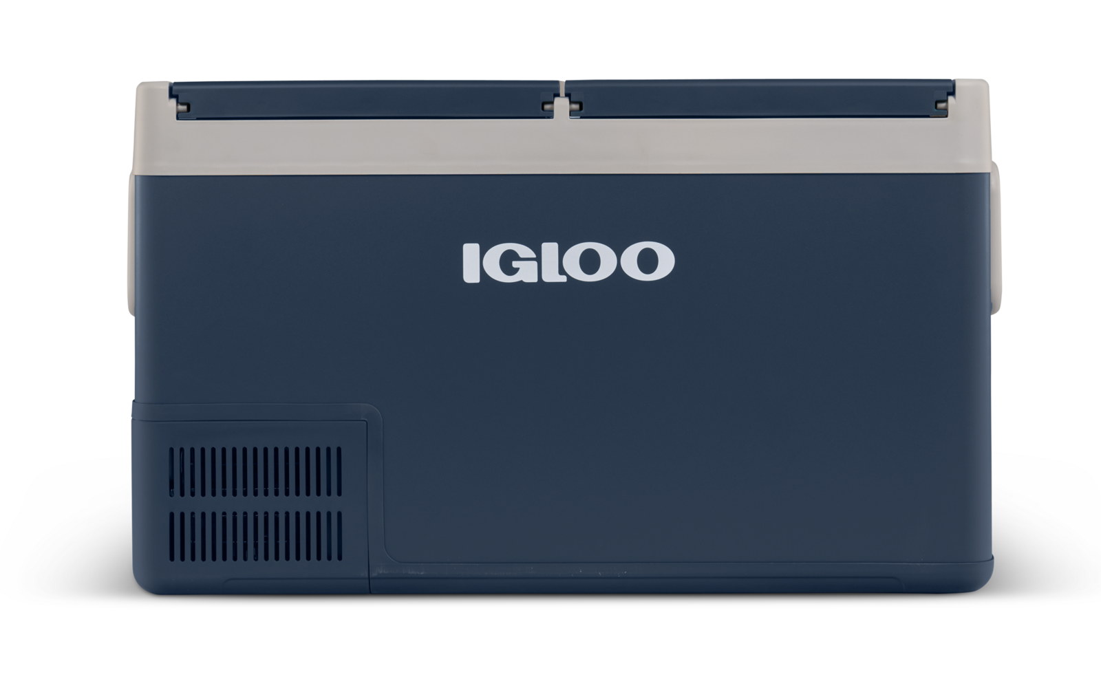 Dunkelblaue Kunststoff-Kühlbox mit weißem Deckel und Griff, 'IGLOO'-Logo auf der Vorderseite und Lüftungsgitter links unten