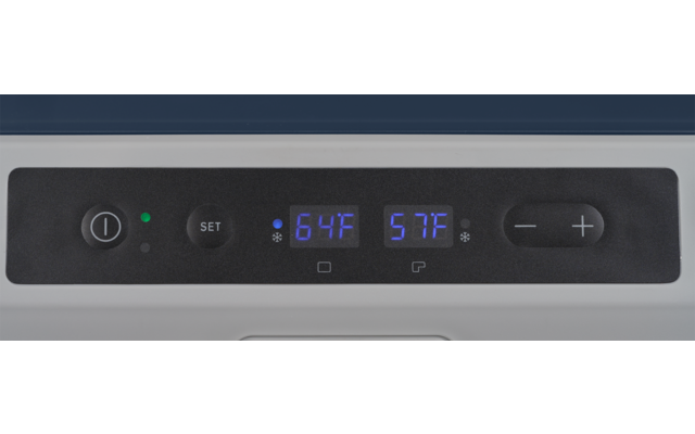 Schwarzes digitales Bedienfeld mit blauem Display, zeigt '64F 57F', links Ein-/Ausschalter mit grünem LED, daneben 'SET'-Taste, rechts Plus- und Minus-Tasten