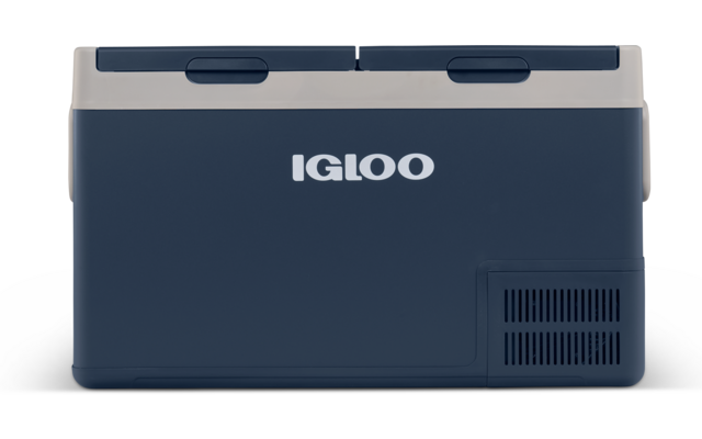 Rechteckige blaue und hellgraue Plastikbox mit aufgedrucktem "IGLOO"-Logo, Deckel mit zwei dunklen Griffmulden oben, Lüftungsgitter unten rechts