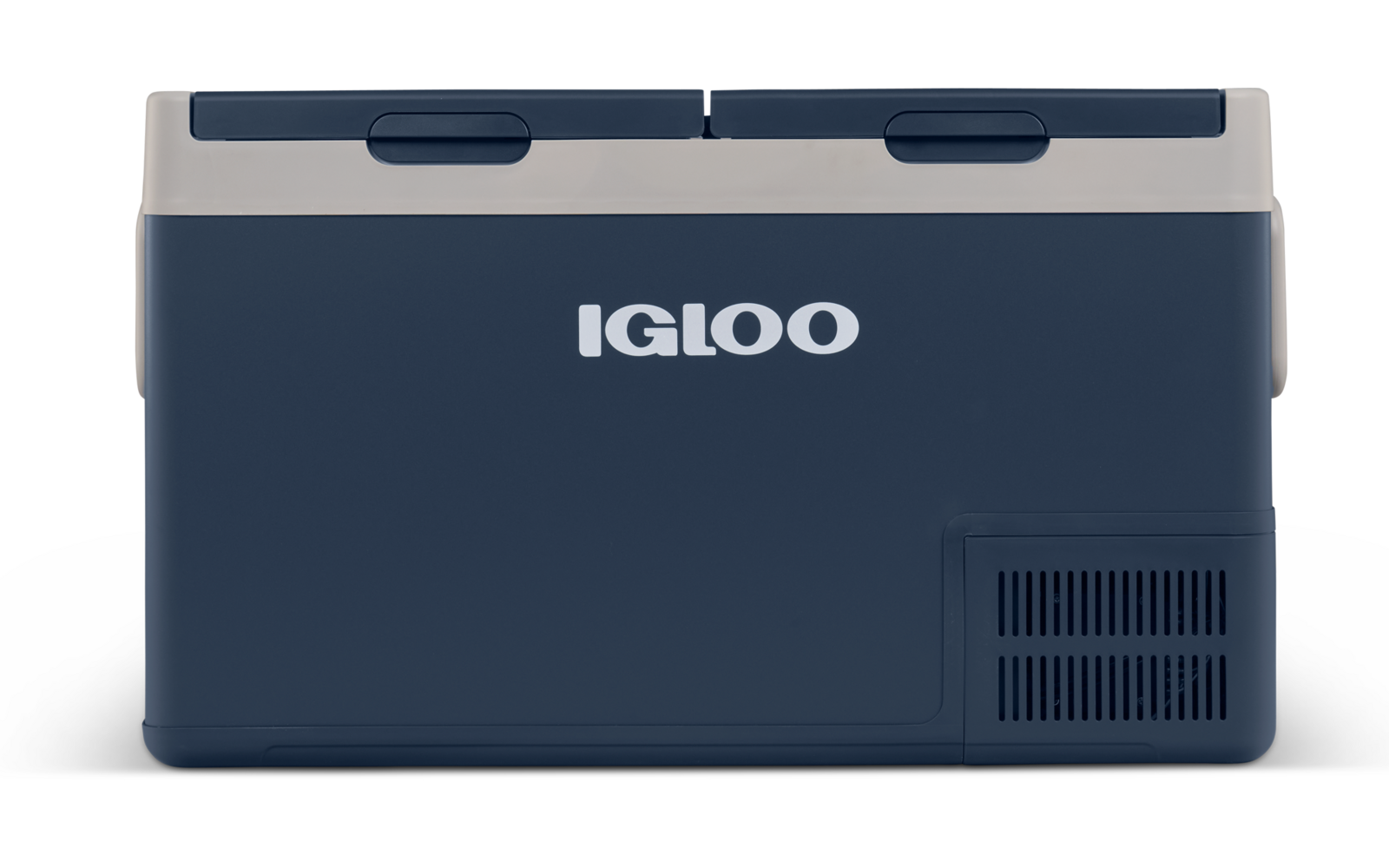 Rechteckige blaue und hellgraue Plastikbox mit aufgedrucktem "IGLOO"-Logo, Deckel mit zwei dunklen Griffmulden oben, Lüftungsgitter unten rechts