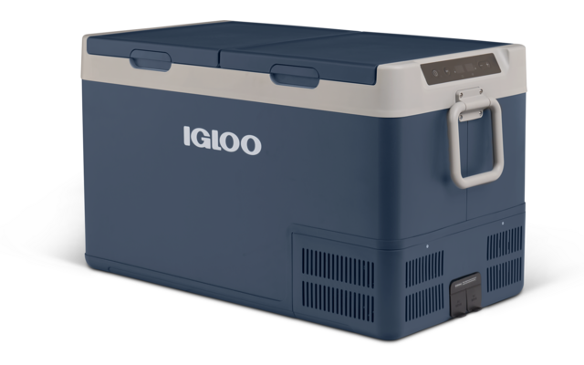 Blaue-beige Kühlbox mit IGLOO-Logo, seitlichem Tragegriff, Lüftungsschlitzen und Bedienelementen