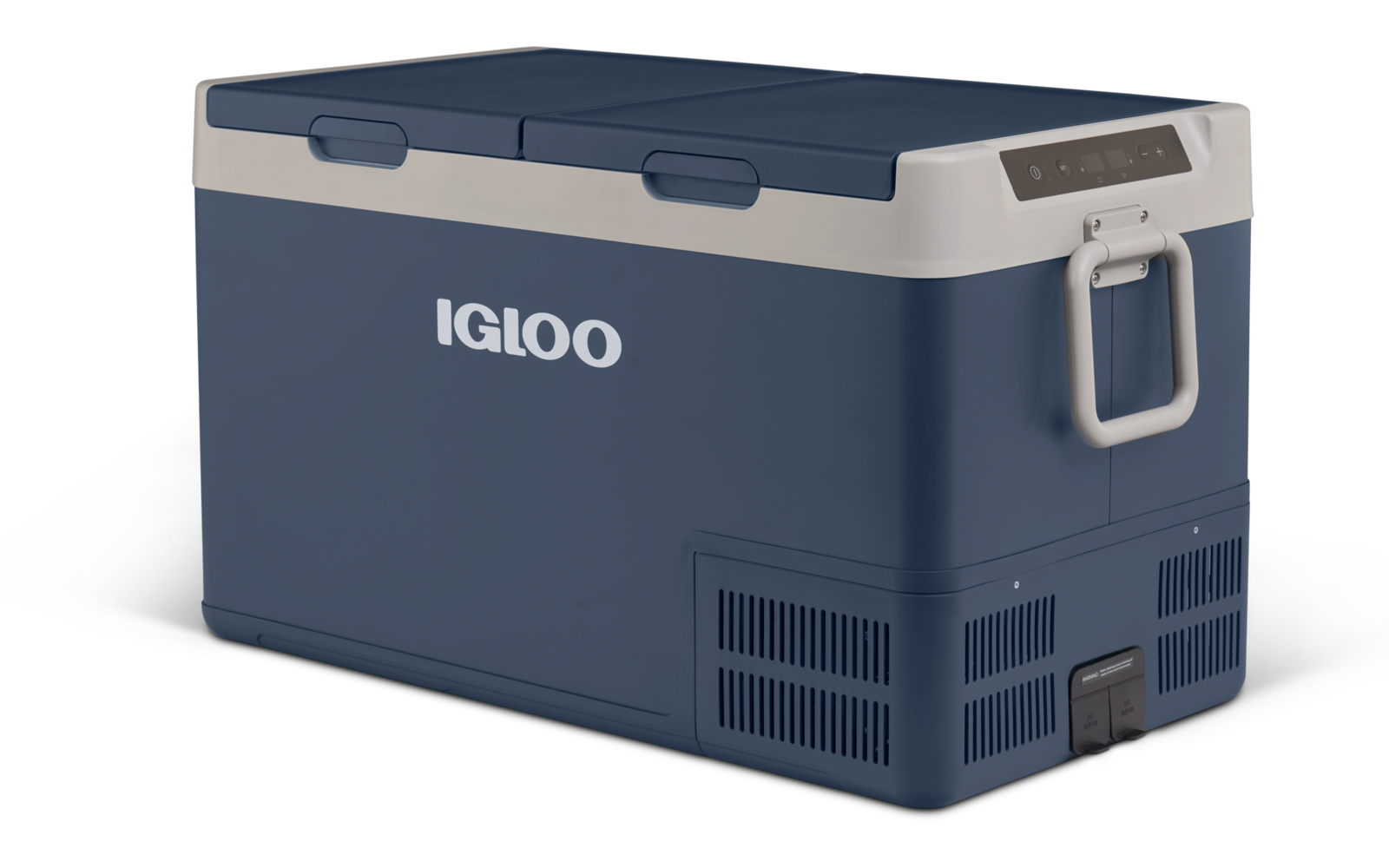 Blaue-beige Kühlbox mit IGLOO-Logo, seitlichem Tragegriff, Lüftungsschlitzen und Bedienelementen