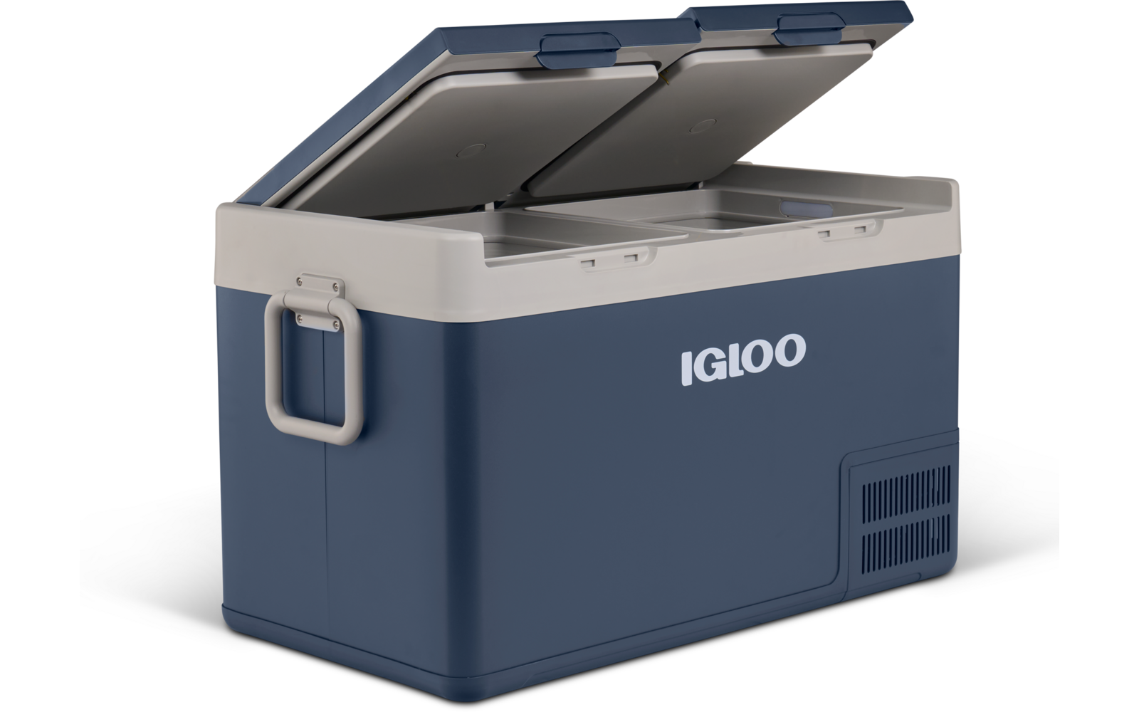 Blaue Igloo-Kühlbox mit hellgrauem, teils geöffnetem Deckel, seitlichem Griff und Logo vorne