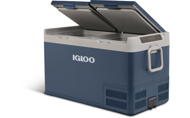 Blaue Kühlbox mit weißem Schriftzug 'IGLOO', zwei geöffnete Deckel, graue Oberkante, seitlicher Griff und Lüftungsgitter