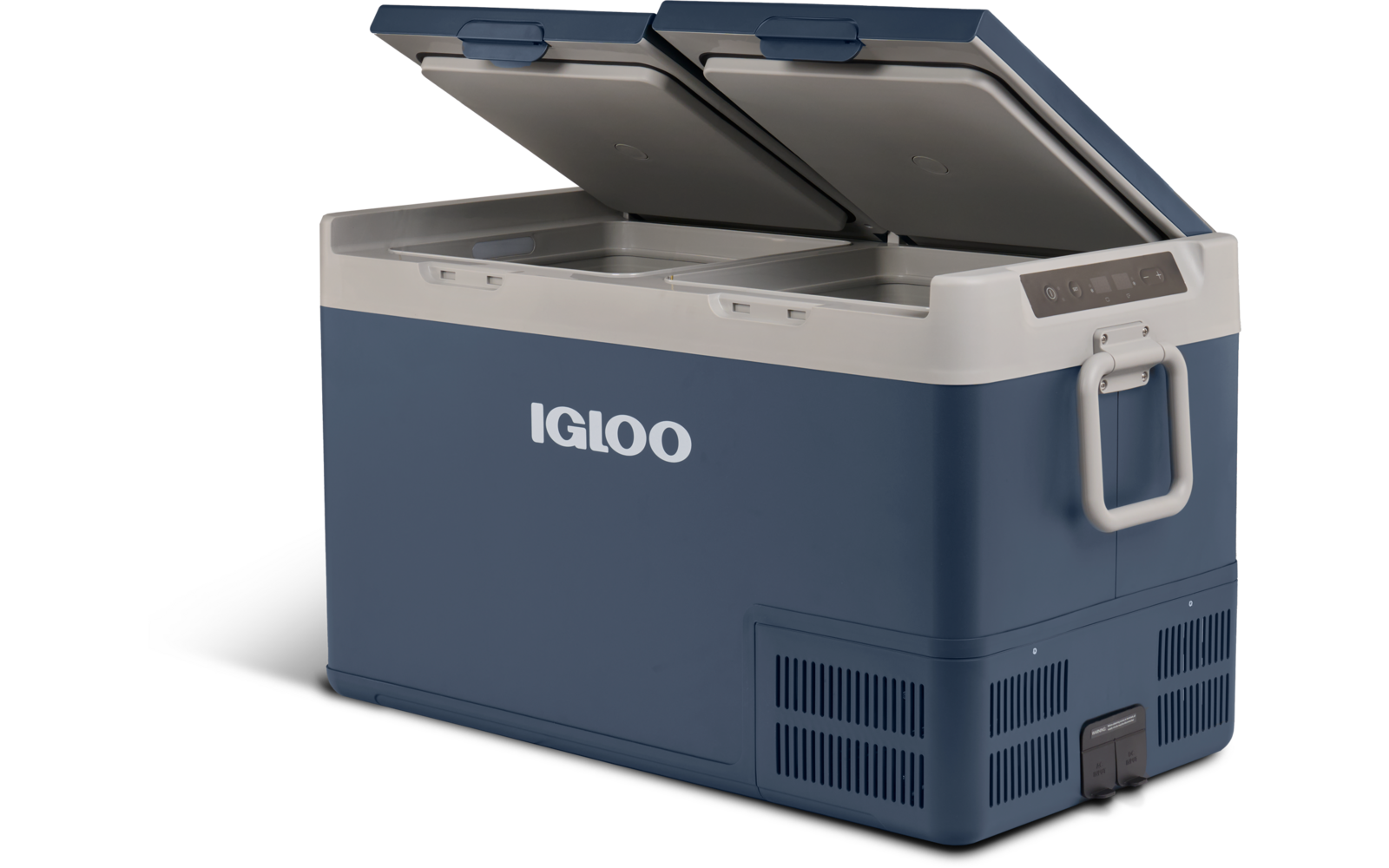 Blaue Kühlbox mit weißem Schriftzug 'IGLOO', zwei geöffnete Deckel, graue Oberkante, seitlicher Griff und Lüftungsgitter