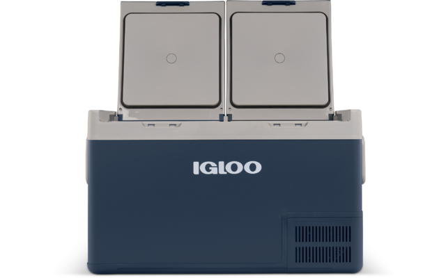 Blaue-weiße Kühlbox mit zwei geöffneten Deckeln und dem Schriftzug "IGLOO" auf der Vorderseite