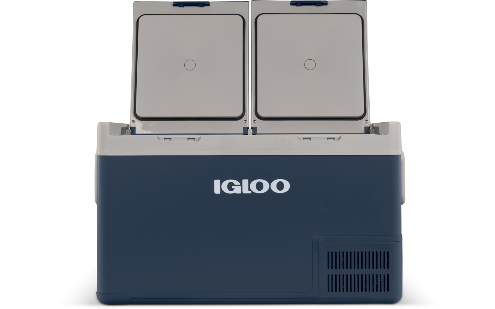 Blaue-weiße Kühlbox mit zwei geöffneten Deckeln und dem Schriftzug "IGLOO" auf der Vorderseite