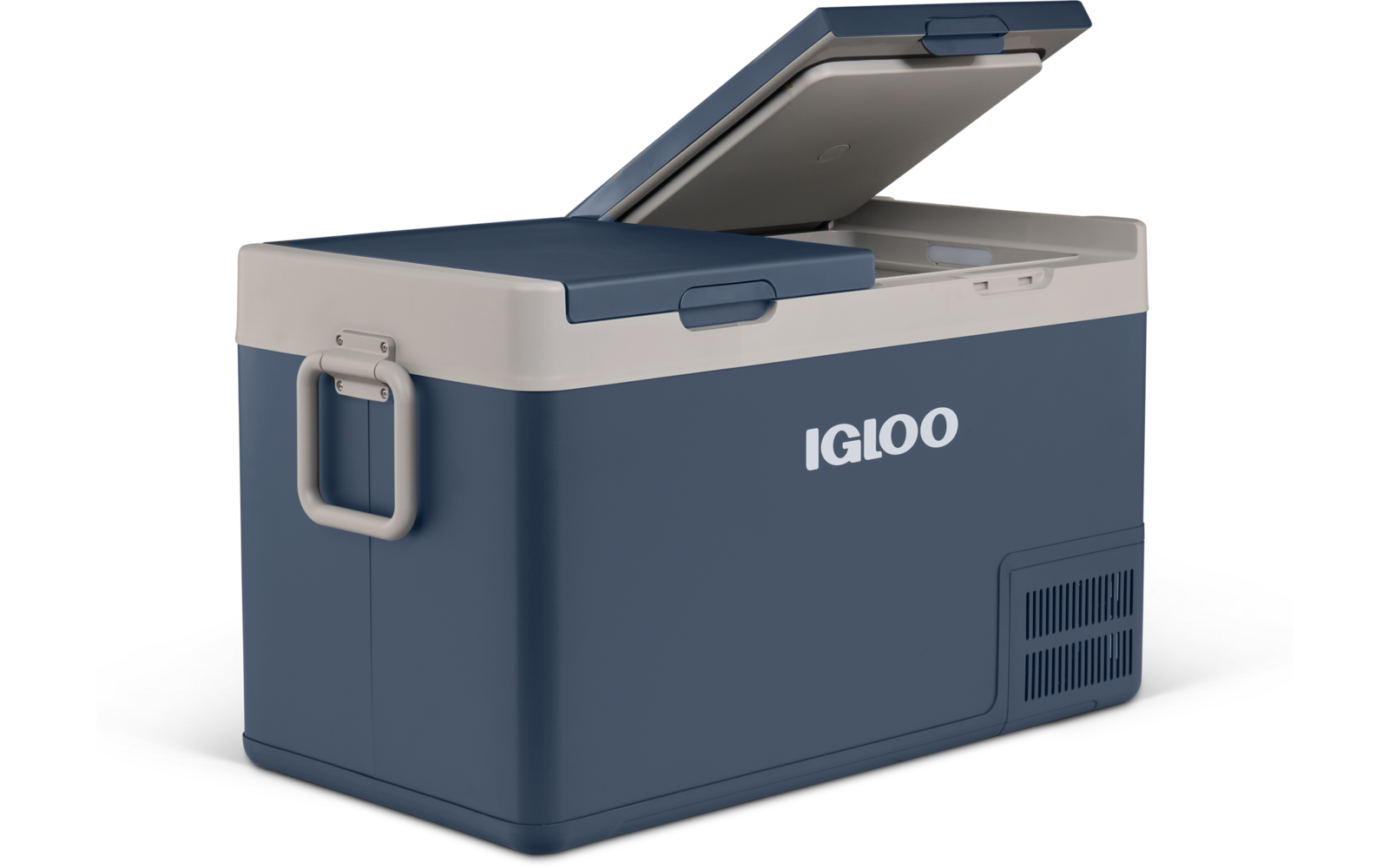Blau-weiße tragbare Kühlbox mit halb geöffnetem Deckel, seitlichem Griff, Lüftungsöffnung und Schriftzug "IGLOO"
