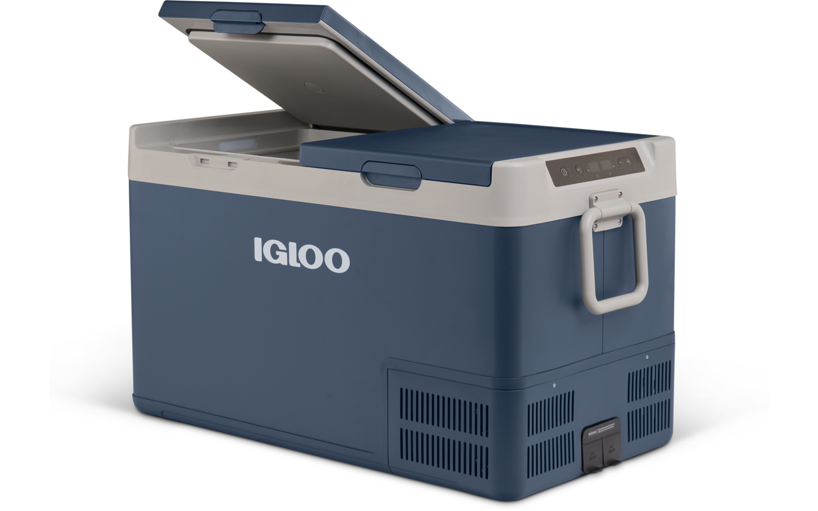 Tragbare blaue und graue Kühlbox mit geöffnetem Deckel, seitlichem Griff, Lüftungsöffnungen und Aufdruck 'IGLOO'