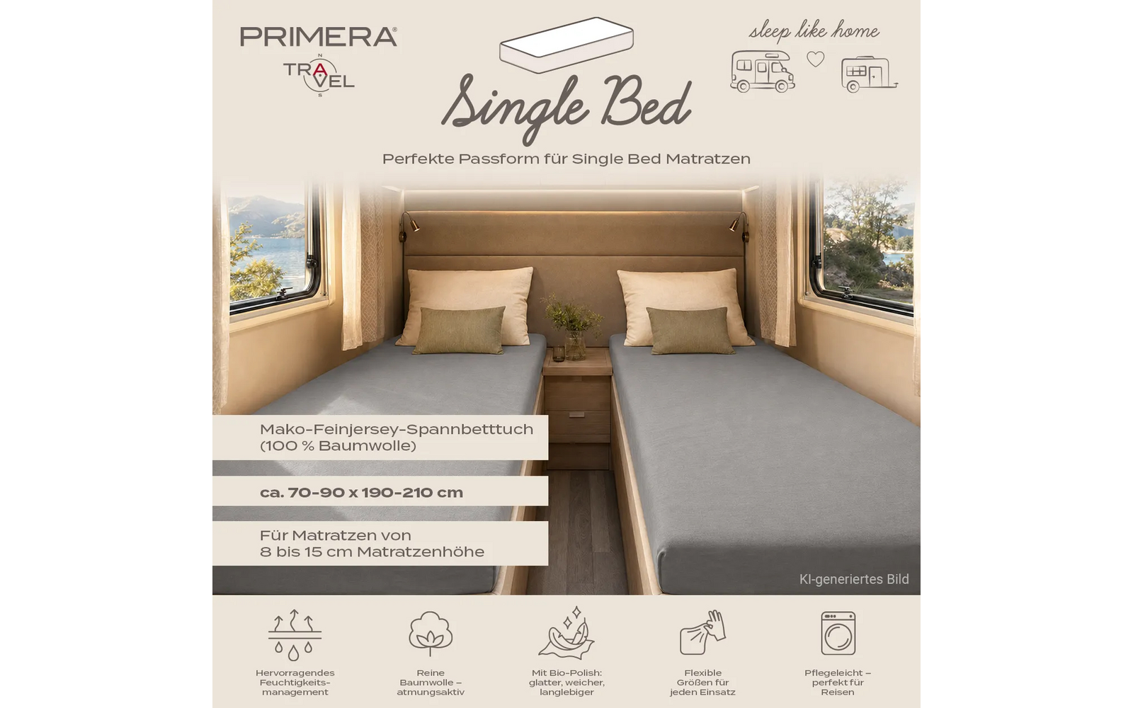 Twee losse bedden met grijze hoeslakens, hoofdeinden en kussens; centrale nachtkast met plant; aan beide zijden een raam met uitzicht naar buiten; bovenaan logo's en tekst 'PRIMERA TRAVEL' en 'Single Bed', tekstbalken, pictogrammen en vermelding 'KI-generiertes Bild'