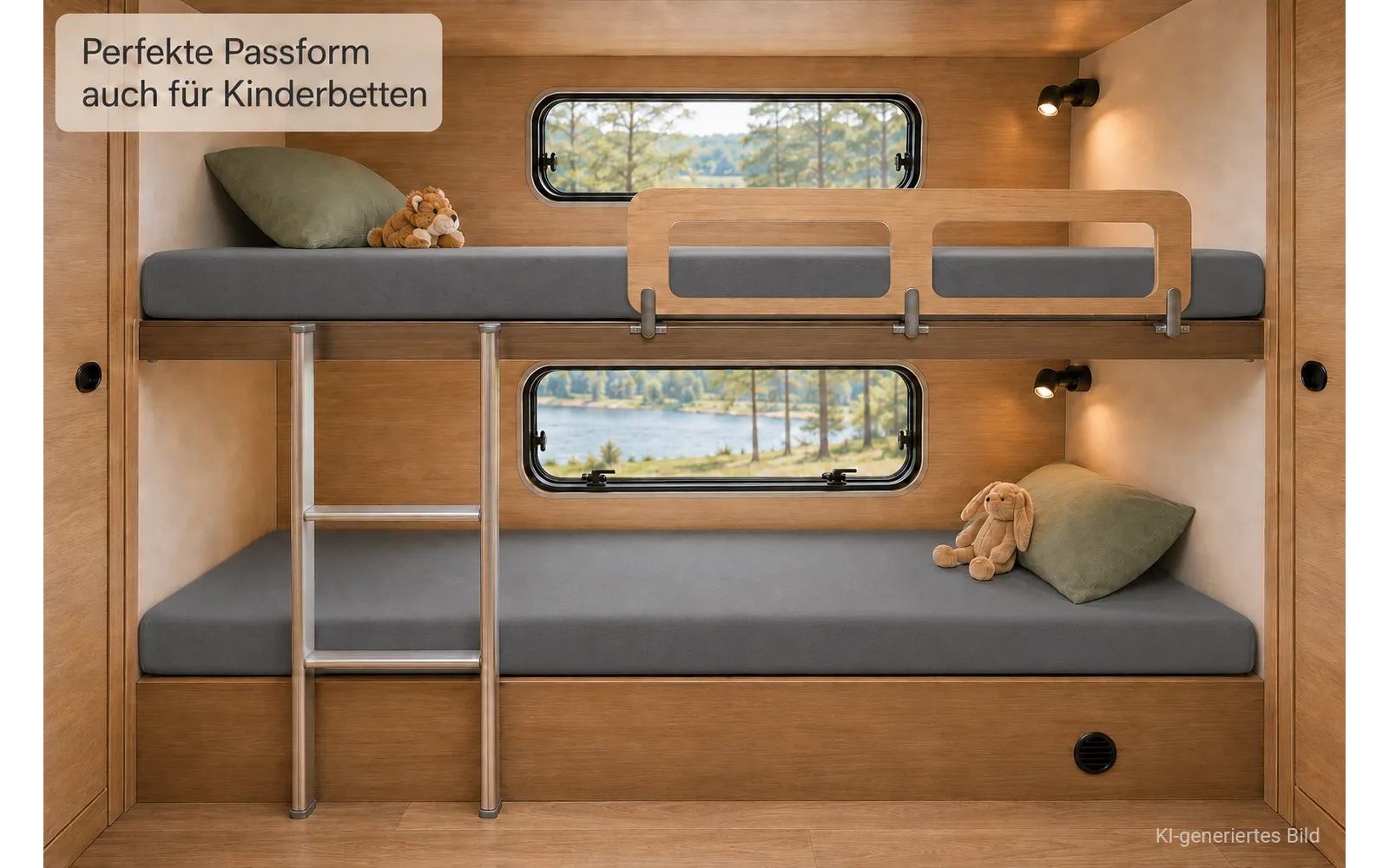 Houten stapelbed met metalen ladder, grijze matrassen, bovenste veiligheidsleuning, twee rechthoekige ramen met uitzicht op meer en bomen, knuffels en groene kussens op de bedden, wandlampen, ronde zwarte opening; linksboven sticker ‘Perfekte Passform auch für Kinderbetten’, rechtsonder tekst ‘KI-generiertes Bild’