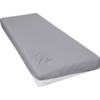 Matras met grijs hoeslaken, witte matrasrand zichtbaar bij de hoek, lichte kreukels