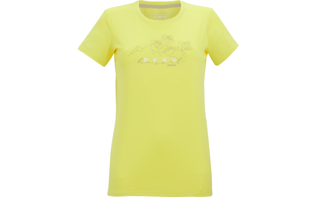 T-shirt jaune à encolure ronde et manches courtes, imprimé fin à l'avant avec contours de montagnes, dessin floral en lignes et inscription