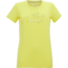 T-shirt jaune à encolure ronde et manches courtes, imprimé fin à l'avant avec contours de montagnes, dessin floral en lignes et inscription