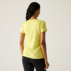Vue de dos d'une personne portant un t‑shirt jaune à manches courtes et des leggings noirs, cheveux en tresse, fond uni clair