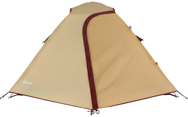 Beiges Kuppelzelt mit bordeauxrotem Reißverschluss und geschlossener Tür