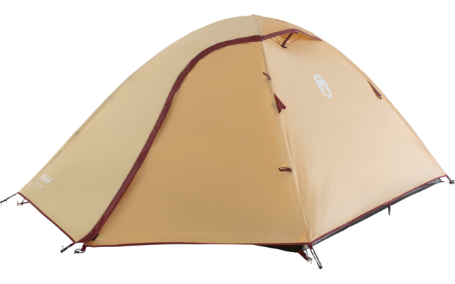 Beiges Kuppelzelt mit braunen Nähten auf weißem Hintergrund