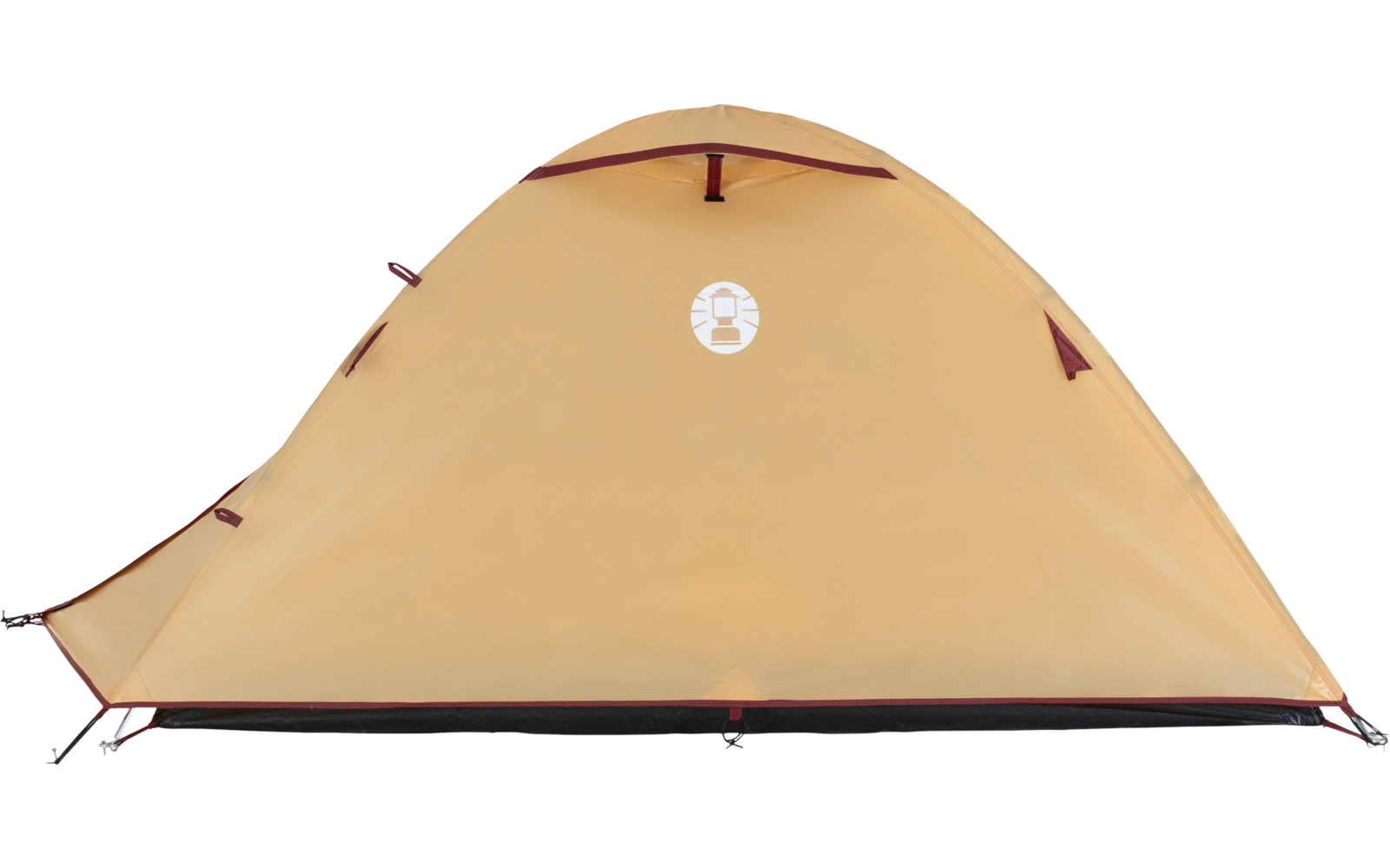 Gelbes, halbrundes Zelt mit rundem Logo oben in der Mitte, sichtbaren Reißverschlüssen an den Seiten und dunkler Bodennaht