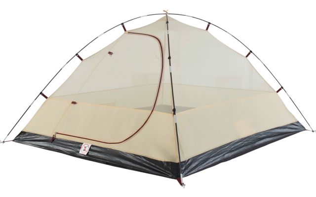 Beiges Zelt mit schwarzem Boden, durchscheinenden Netzwänden, geöffneter Reißverschluss-Tür und oben gekreuzten Metallstangen