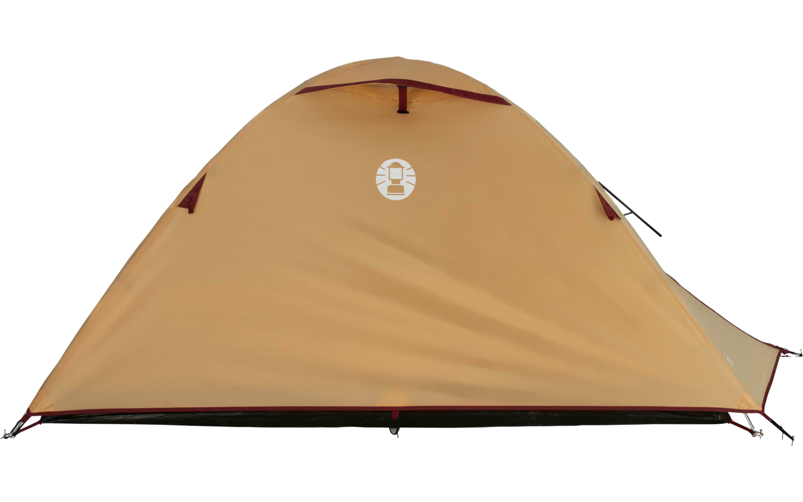 Orangenes Kuppelzelt, Frontalansicht, geschlossener Eingang, weißes rundes Logo oben