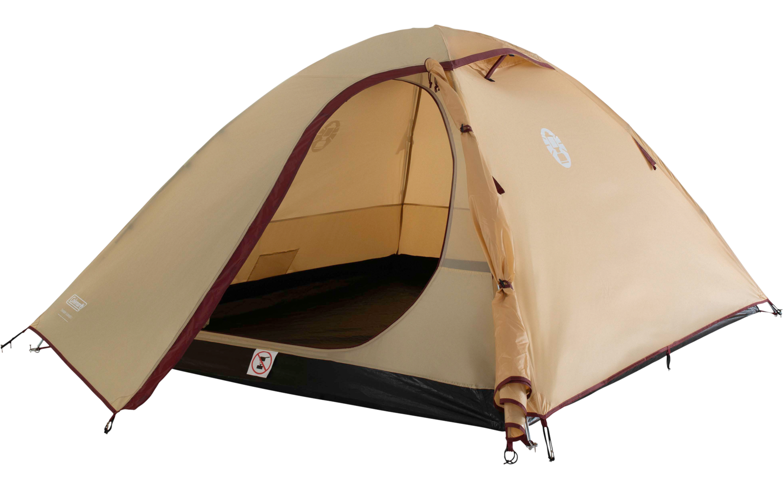 Beiges Kuppelzelt mit geöffnetem Eingang, sichtbarem Innenraum und dunkelbraunen Details