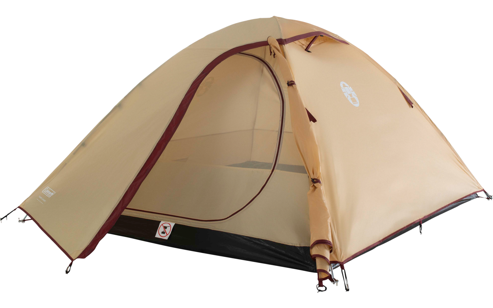 Beiges Kuppelzelt mit offenem Reißverschluss-Eingang, sichtbarem Innenmoskitonetz, dunklem Boden und roten Saumkanten