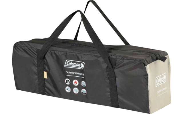 Schwarze, rechteckige Stoff-Tragetasche mit zwei schwarzen Henkeln, Reißverschluss oben, weißem Coleman-Logo auf der Seite, Etikett mit kleinen Symbolen und heller beige Endseite