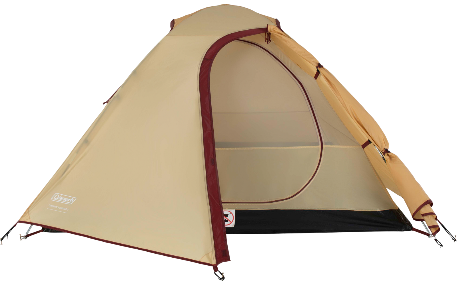 Beigefarbenes Kuppelzelt mit bordeauxrotem Rand, offene Tür, sichtbares Innennetz und schwarze Bodenwanne auf weißem Hintergrund
