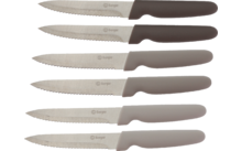 Zes gekartelde messen met bruine handvatten naast elkaar op een witte achtergrond