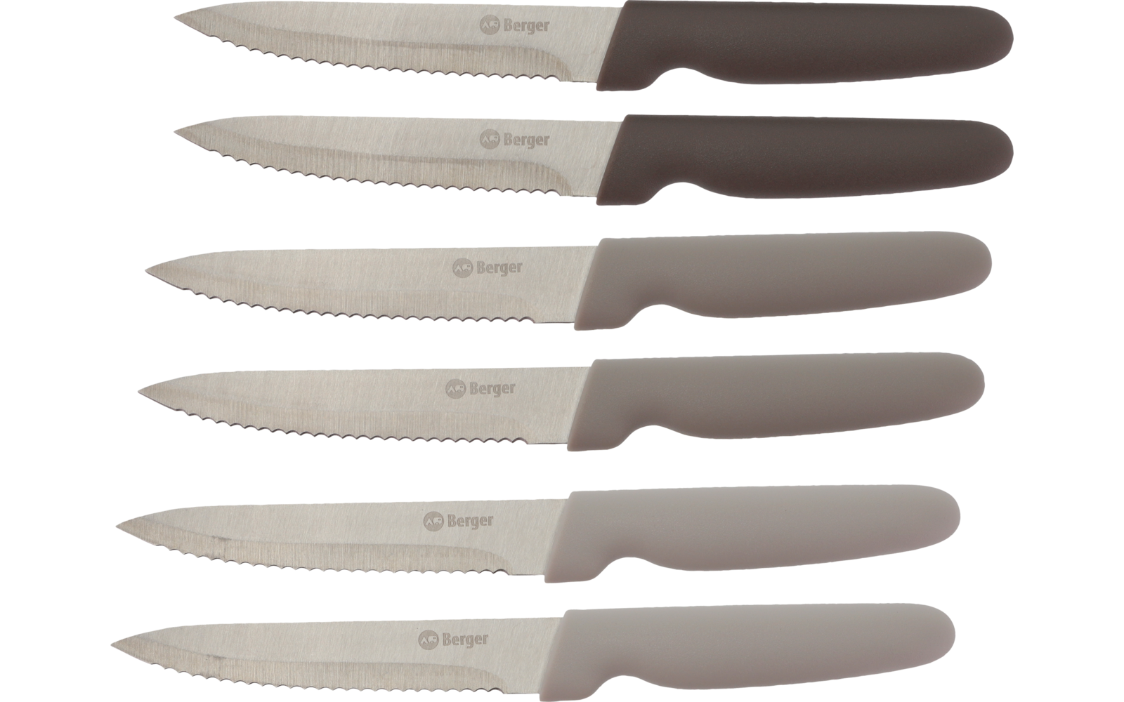Sei coltelli seghettati con manici marroni disposti affiancati su sfondo bianco