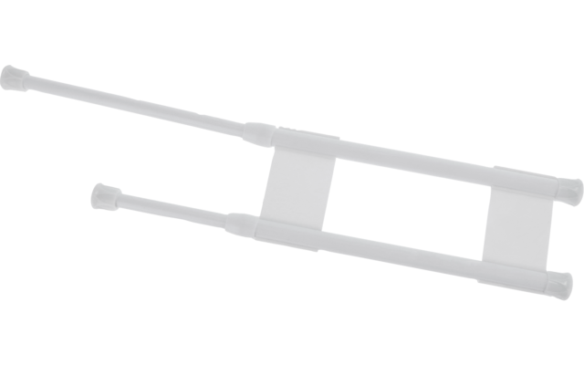 Zwei parallele weiße Stangen mit runden Endkappen, verbunden durch ein rechteckiges Mittelstück; an jeder Stange ein Griff