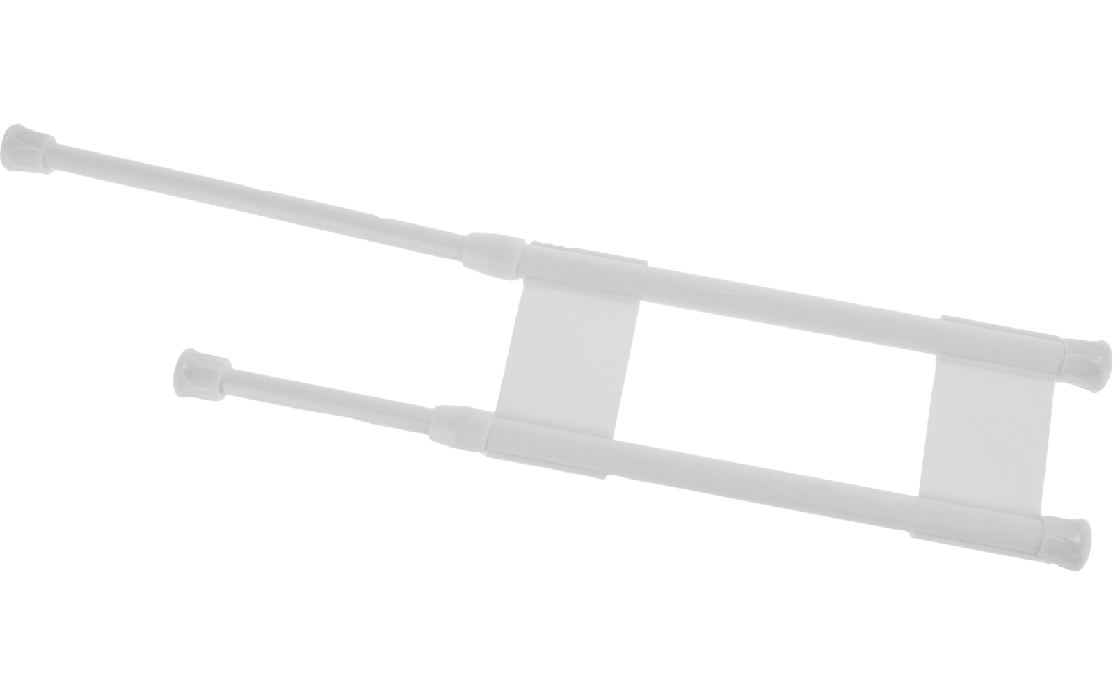 Zwei parallele weiße Stangen mit runden Endkappen, verbunden durch ein rechteckiges Mittelstück; an jeder Stange ein Griff