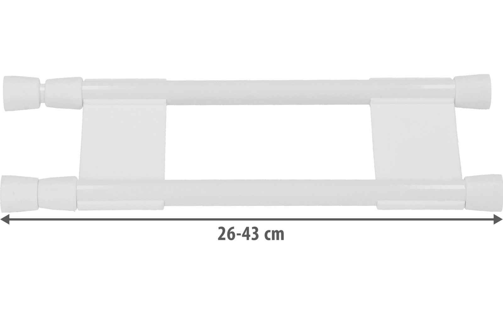 Zwei weiße runde Stangen nebeneinander, jeweils mit zwei rechteckigen Halterungen, auf weißem Hintergrund
