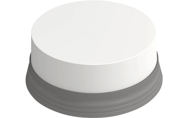Rundes, flaches weißes Objekt auf grauem Sockel