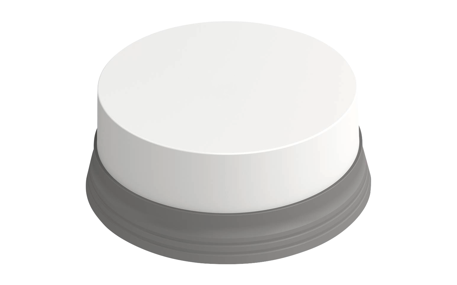 Rundes, flaches weißes Objekt auf grauem Sockel