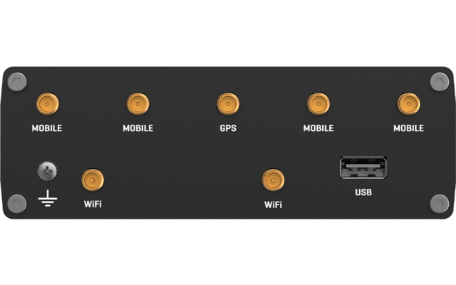 Schwarzes Metallpanel mit fünf goldenen Buchsen in oberer Reihe, beschriftet 'MOBILE', 'MOBILE', 'GPS', 'MOBILE', 'MOBILE'; in unterer Reihe links eine silberne Buchse mit Erdungssymbol, zwei goldene Buchsen beschriftet 'WIFI' und rechts ein USB-A-An