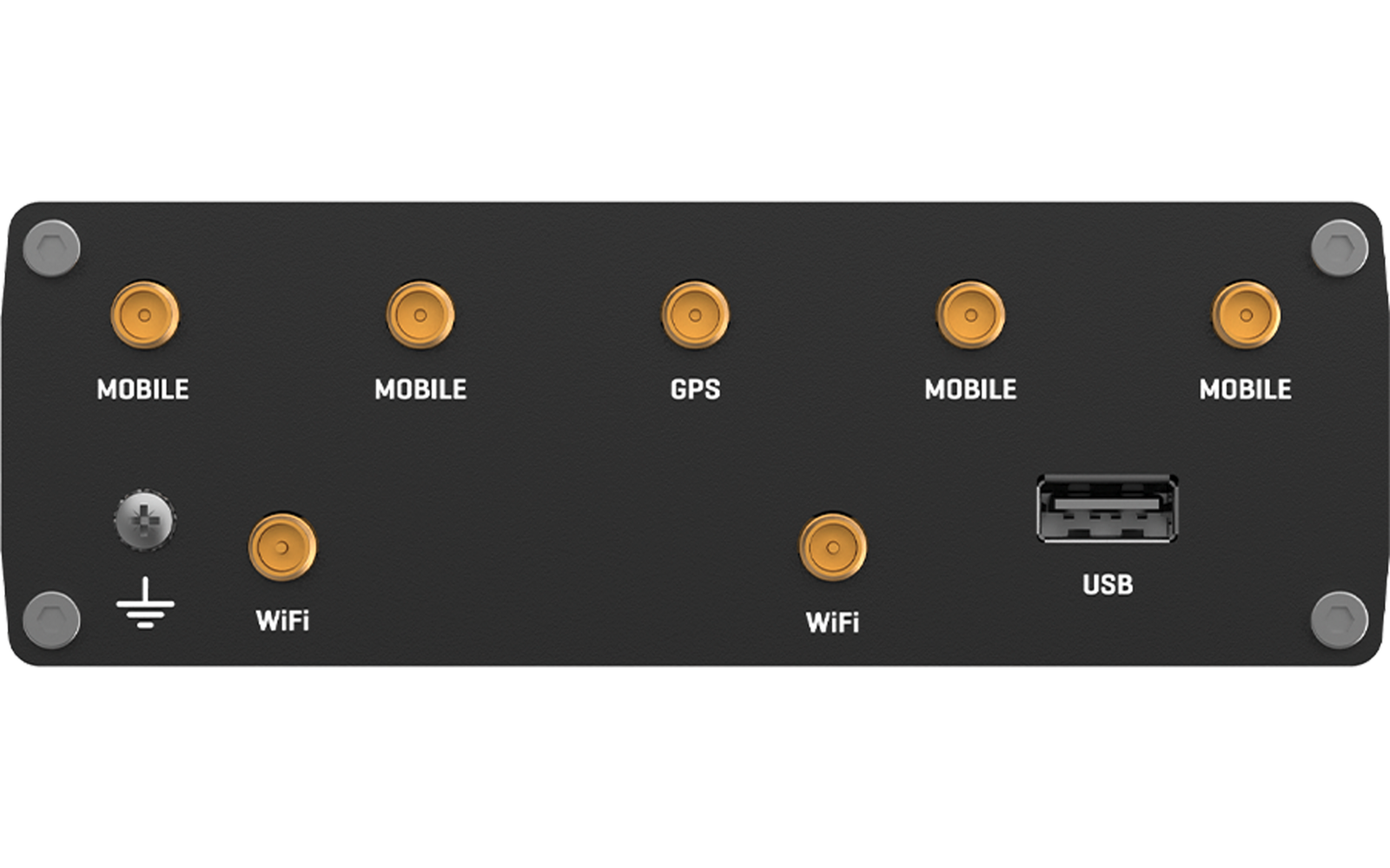 Schwarzes Metallpanel mit fünf goldenen Buchsen in oberer Reihe, beschriftet 'MOBILE', 'MOBILE', 'GPS', 'MOBILE', 'MOBILE'; in unterer Reihe links eine silberne Buchse mit Erdungssymbol, zwei goldene Buchsen beschriftet 'WIFI' und rechts ein USB-A-An