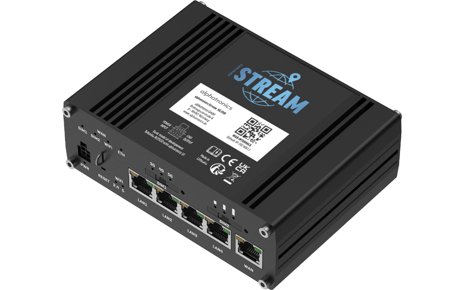 Schwarze rechteckige Box mit dem Schriftzug "iSTREAM" und Globus-Symbol auf der Oberseite, weißes Etikett mit QR-Code, mehrere Ethernet-Anschlüsse und LED-Anzeigen an der Vorderseite, Schrauben an den Ecken