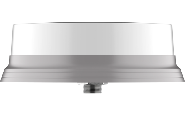 Weißes rundes Gehäuse mit flacher Oberseite, abgestuftem Rand und sichtbarer Metallgewindeverbindung unten