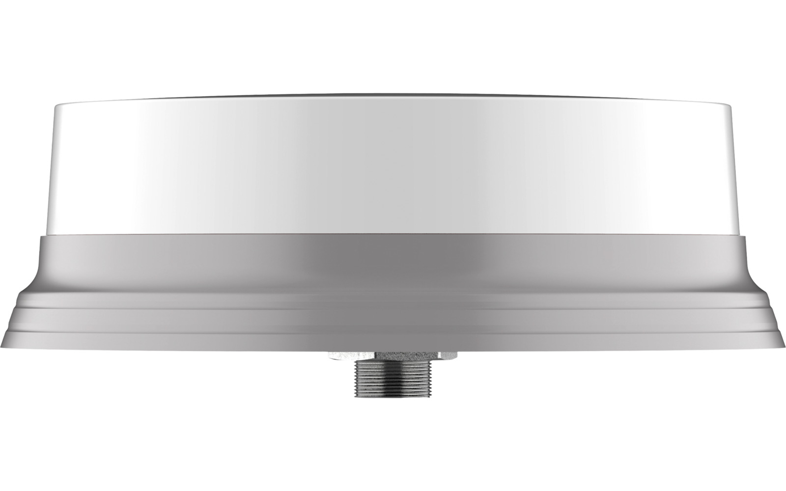 Weißes rundes Gehäuse mit flacher Oberseite, abgestuftem Rand und sichtbarer Metallgewindeverbindung unten