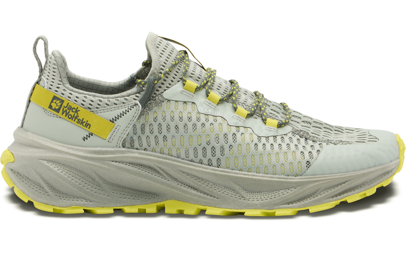 Sportlicher grauer und gelber Laufschuh von der Seite