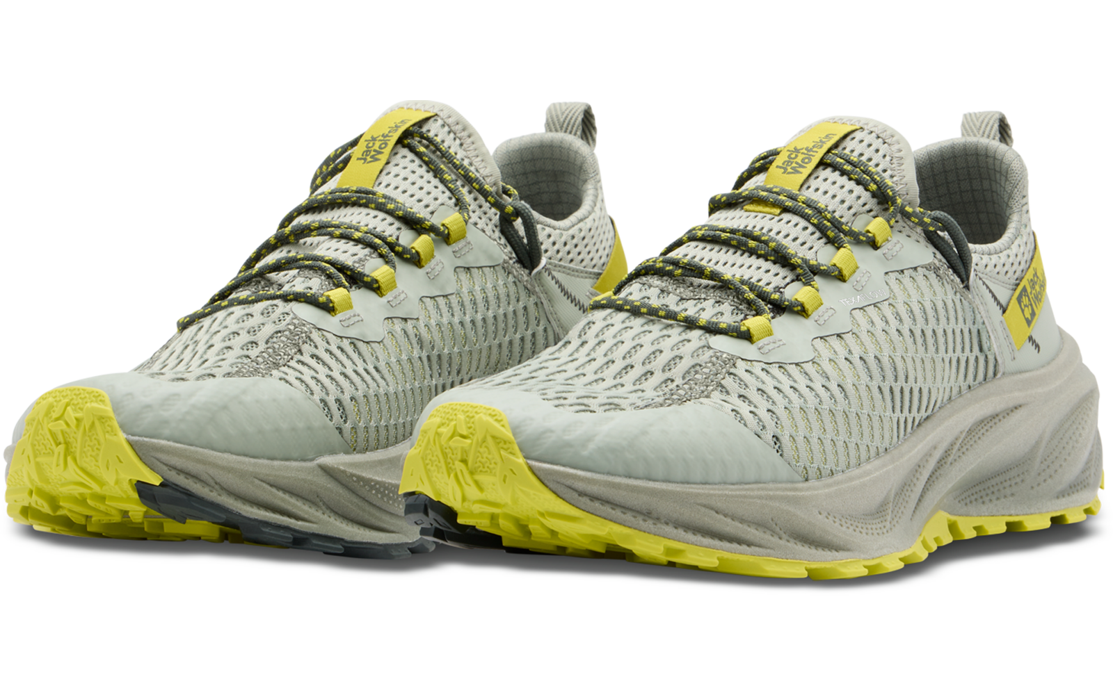 Weiße Sportschuhe mit gelben Akzenten und grauem Muster