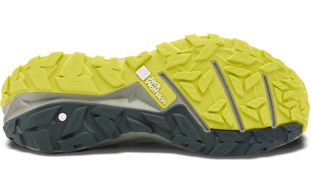 Nahaufnahme der Sohle eines Sportschuhs mit gelben und schwarzen Bereichen