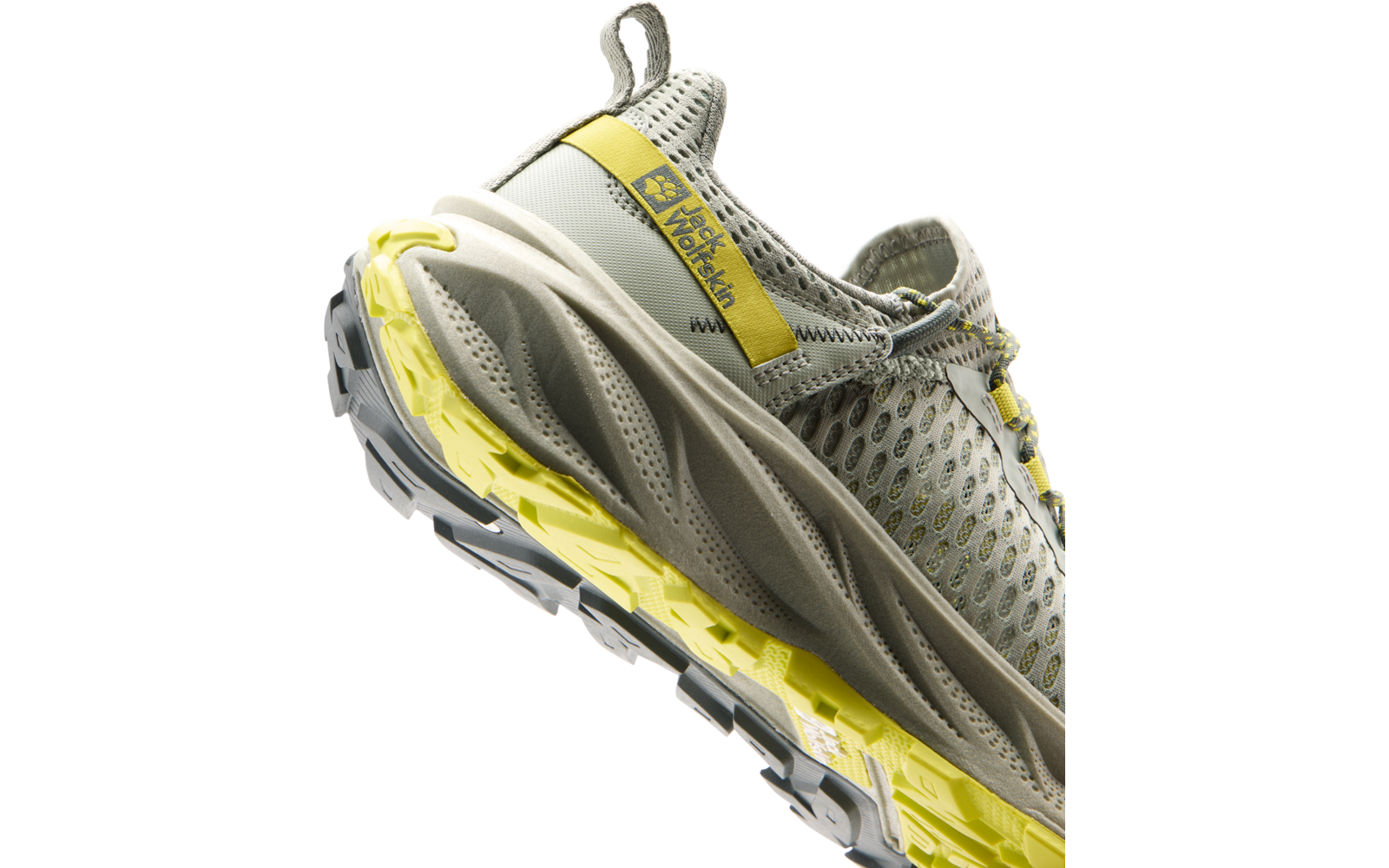 Seitliche Ansicht eines grauen und gelben Sportschuhs mit Netzmaterial und verstärkter Sohle