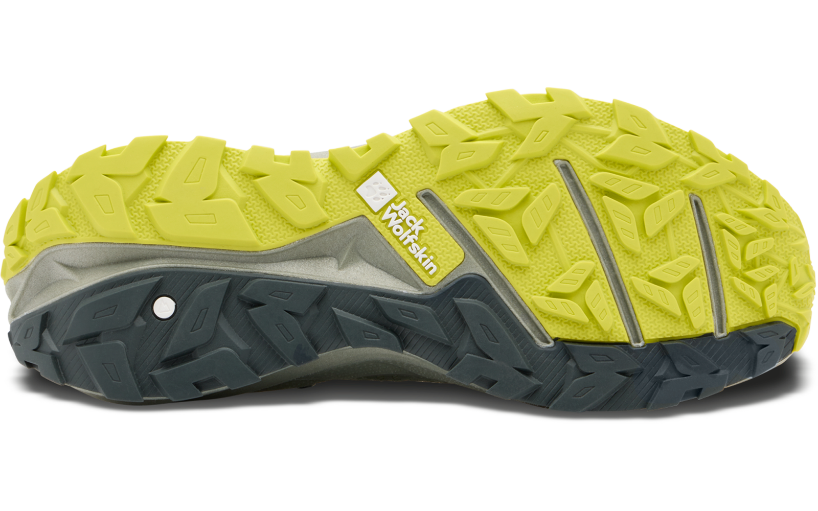 Nahaufnahme der Sohle eines Sportschuhs mit gelben und schwarzen Bereichen